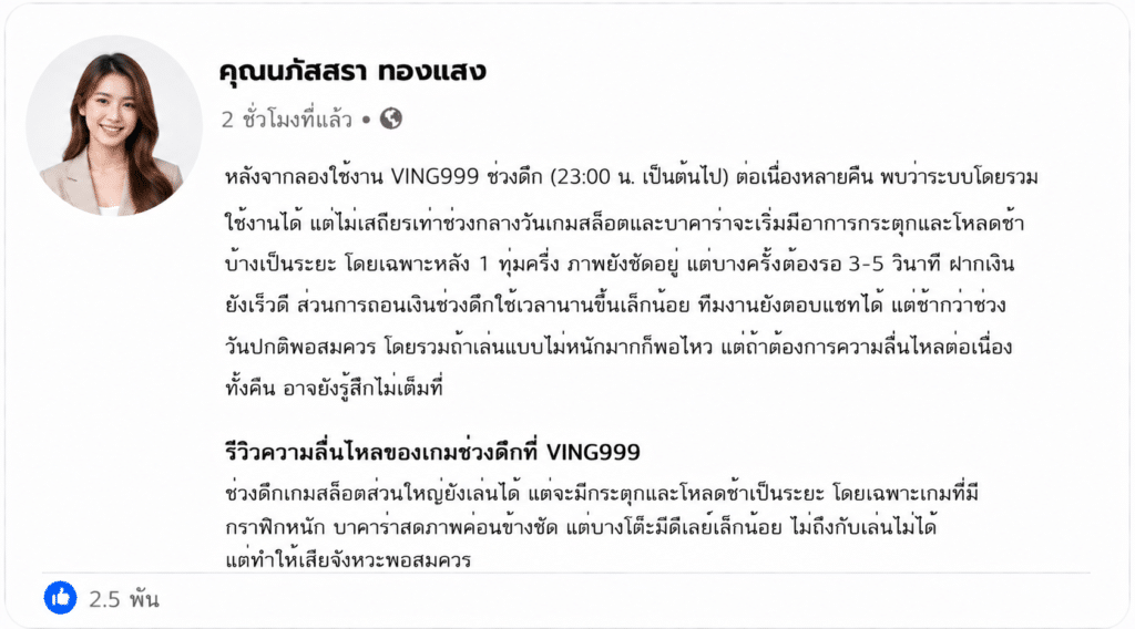 รีวิวใช้งาน VING999 ช่วงดึก: ลื่นไหลหรือมีสะดุดบ้างไหม